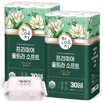 한예지 울트라소프트 30M 30롤 (2팩)+키스해링 퍼플 캡형 물티슈 100매 1팩