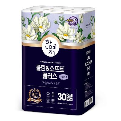한예지 클린앤소프트 플러스 천연펼프 3겹 화장지 30M 30롤 (1팩)