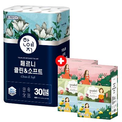 클린앤소프트 플러스 3겹 화장지 30M 30롤 (1팩) + 캐릭터 200매 3입(2팩)