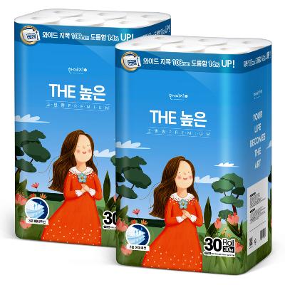 한예지 천연펄프 THE 높은 고평량 프리미엄 화장지 30m 30롤 2팩