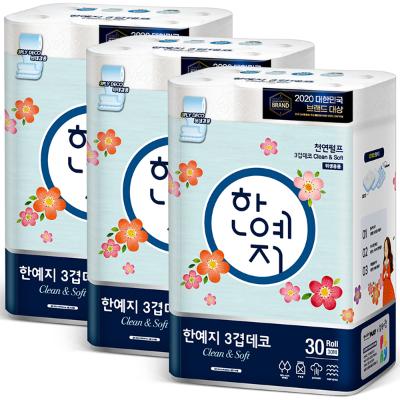 한예지 오리지널 클린앤소프트 천연펄프 화장지 30M 30롤 3팩