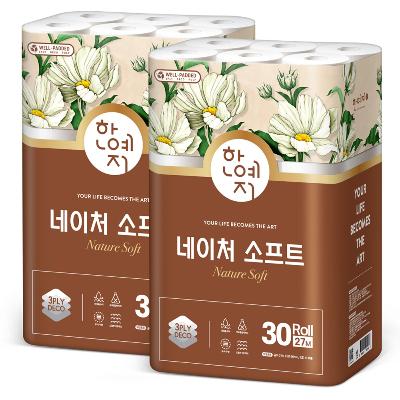 한예지 네이처 소프트 3겹 무형광화장지 27M 30롤 (2팩)
