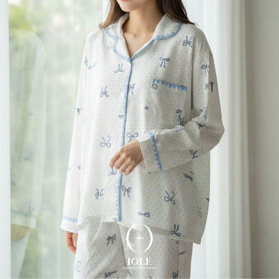 블루리본데이 도트 리본 패턴 여성 잠옷 셔츠형 파자마 상하세트 데일리 홈웨어 원사이즈