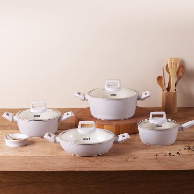 [키친플라워]쿠킨 IH 인덕션 그린우드 냄비 4종세트 (편수18+양수20+양수24+전골24) 아이보리/블루 가스호환