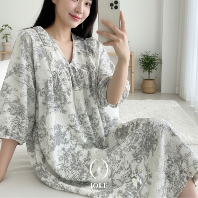 르아모아 빈티지 원피스 파자마 드로잉 패턴 잠옷 7부 소매 여성 홈웨어 2종