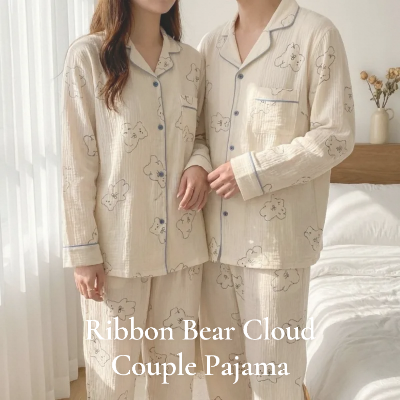 남여 커플잠옷 상하세트 리본베어 클라우드 오버핏 파자마 프리사이즈 홈웨어