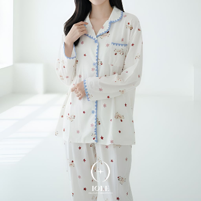 리틀코코 블루라인 별 패턴 파자마 여성 잠옷 상하세트 가벼운 데일리 홈웨어 원사이즈