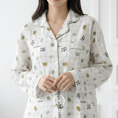 리틀프렌즈 내추럴 그린 애니멀 파자마 셔츠형 여성잠옷 상하세트 가벼운 데일리 홈웨어 원사이즈