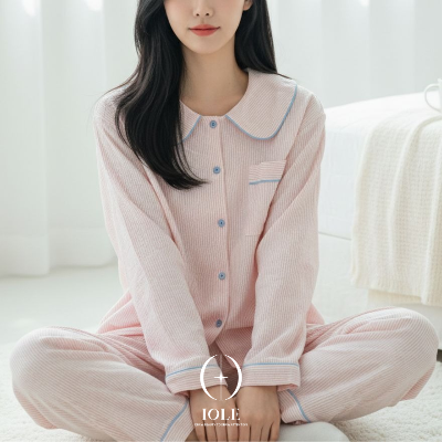 2컬러 스윗카라 파스텔 스트라이프 여성잠옷 상하세트 편한 지지미 파자마 루즈핏 홈웨어