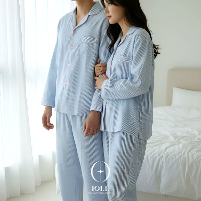스카이 블룸 스트라이프 커플 잠옷 상하세트 구김없는 가벼운 지지미 파자마 루즈핏 홈웨어