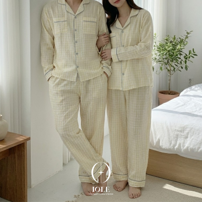 커플잠옷 상하세트 파스텔 버터 옐로우 체크 파자마 프리사이즈 홈웨어 부드럽고 얇은 편안한 착용감