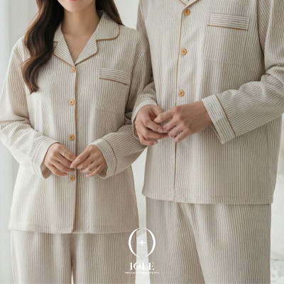 오트앤유 오트베이지 스트라이프 커플잠옷 상하세트 구김없는 지지미 파자마 루즈핏 홈웨어