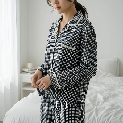 체르니 블랙 체크 레이스 여성 파자마 셔츠형 잠옷 상하세트 가벼운 루즈핏 홈웨어 원사이즈