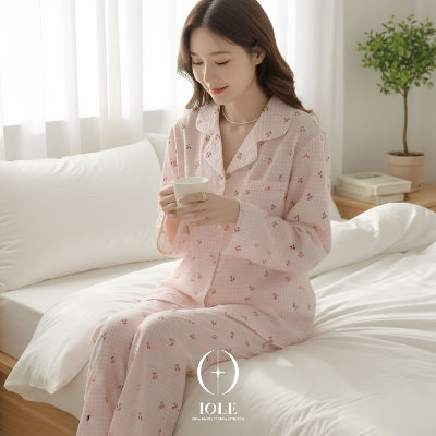 [투피스&로브] 체리가든 파스텔 체크 파자마 여성잠옷 가벼운 데일리 홈웨어