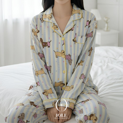 파스텔퍼피 스트라이프 강아지 패턴 파자마 셔츠형 여성잠옷 상하세트 가벼운 데일리 홈웨어 원사이즈