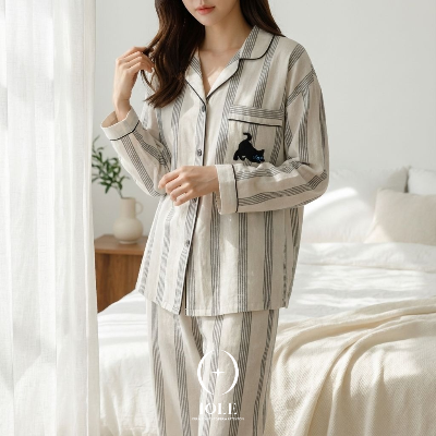 [여성 유니크 스트라이프 잠옷] 고양이 자수 포켓 파자마 상하세트 데일리 홈웨어 원사이즈