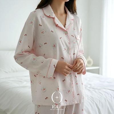 핑키퍼피 리본 강아지 핑크 여성 셔츠형 잠옷 상하세트 데일리 홈웨어 루즈핏 파자마 원사이즈