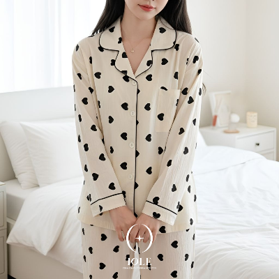 하트모먼트 요루 하트 패턴 파자마 셔츠형 여성잠옷 상하세트 구김없이 가벼운 데일리 홈웨어 원사이즈