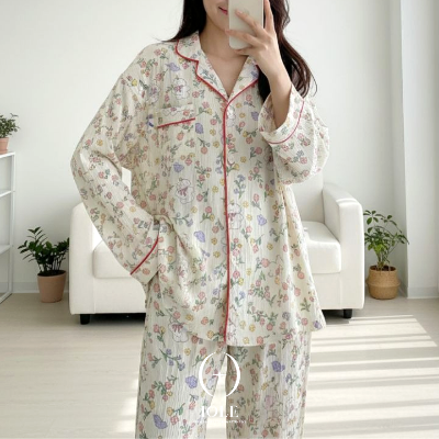 로에르 플라워 소프트 요루 잔꽃 여성 홈웨어 셔츠형 파자마 상하세트 데일리 잠옷 원사이즈