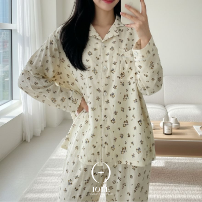 베이지플로라 잔꽃 패턴 여성 홈웨어 셔츠형 파자마 상하세트 데일리 잠옷 원사이즈