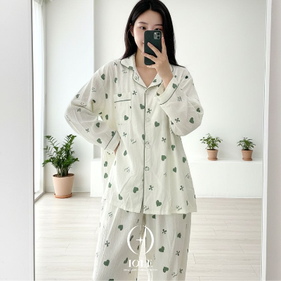 그린하트 러브 리본 패턴 여성 잠옷 셔츠형 파자마 상하세트 데일리 홈웨어 원사이즈