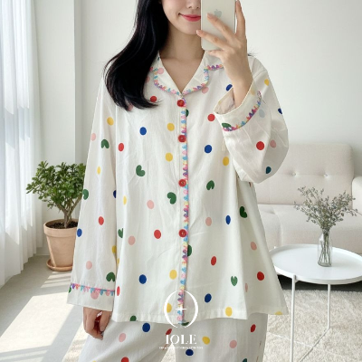 캔디하트 컬러 도트 하트 여성 잠옷 셔츠형 파자마 상하세트 데일리 홈웨어 원사이즈