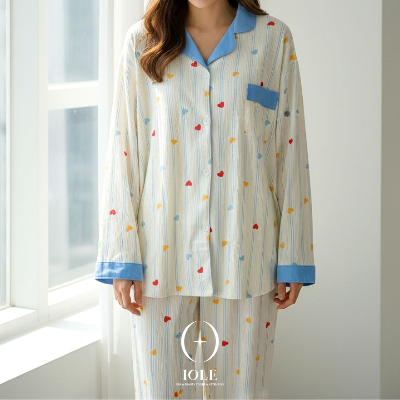 [빅사이즈 XXL] 블루하트데이 컬러하트 스트라이프 카라 여성잠옷 셔츠형 상하세트 홈웨어 원사이즈