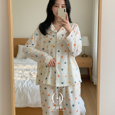 [빅사이즈 XXL] 비비드하트 컬러 하트 패턴 여성 잠옷 셔츠형 파자마 상하세트 홈웨어 원사이즈