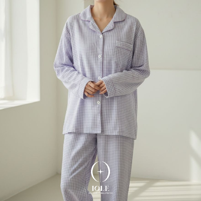 라일락 체크 소프트 퍼플 여성 잠옷 셔츠형 파자마 상하세트 지지미 시어서커 홈웨어 원사이즈