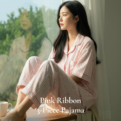 3피스 빅사이즈 핑크리본 카라 스트라이프 여성잠옷 반팔 반바지 긴바지 구성 여름 파자마 원사이즈
