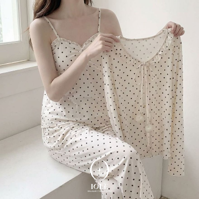 3피스 멜로도트 프릴 리본 여성 잠옷 나시 가디건 긴바지 파자마 세트 구성 원사이즈