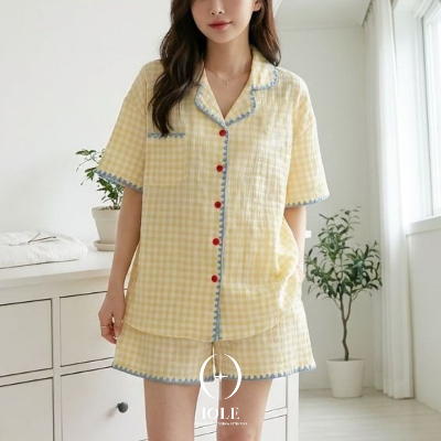 피크닉 옐로우 체크 파자마 지지미 여성잠옷 반팔 반바지 상하세트 여름 홈웨어 원사이즈