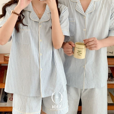 파스텔코지 파스텔 스트라이프 남여 커플잠옷 반팔 반바지 세트 지지미 파자마 여름 홈웨어