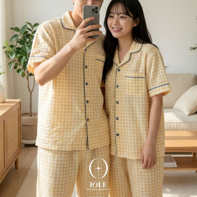 남여 커플잠옷 반팔 파스텔 버터 옐로우 체크 파자마 상하세트 프리사이즈 여름 홈웨어
