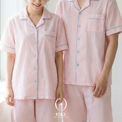 핑크 블룸 스트라이프 반팔 커플잠옷 상하세트 구김없는 가벼운 지지미 파자마 데일리 홈웨어