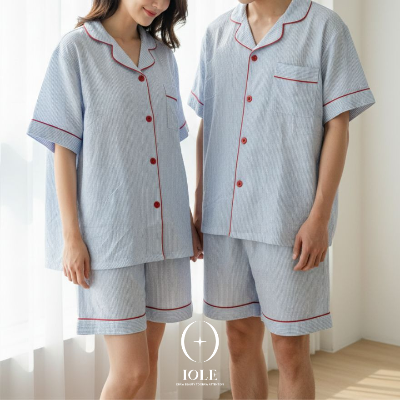 리네아루즈 스카이 스트라이프 커플잠옷 반팔 반바지 세트 지지미 여름 파자마 데일리 홈웨어
