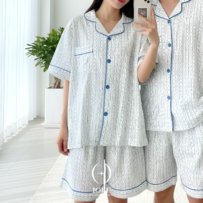 블루브리즈 스트라이프 커플잠옷 반팔 반바지 상하세트 시원한 지지미 파자마 여름 홈웨어