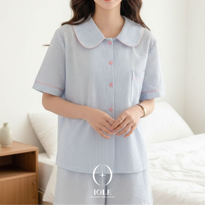 2컬러 여성 반팔 잠옷 상하세트 스윗카라 파스텔 스트라이프 지지미 파자마 여름 홈웨어