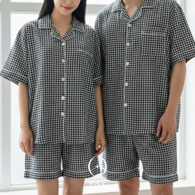체크 블랙 모던 그레이시 커플잠옷 반팔 반바지 여름 홈웨어 상하세트 데일리 지지미 파자마