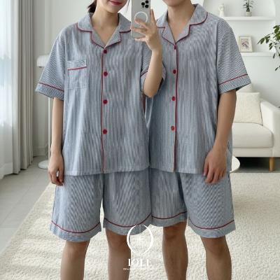 그레이 블룸 스트라이프 반팔 남여 커플잠옷 상하세트 지지미 파자마 데일리 여름 홈웨어
