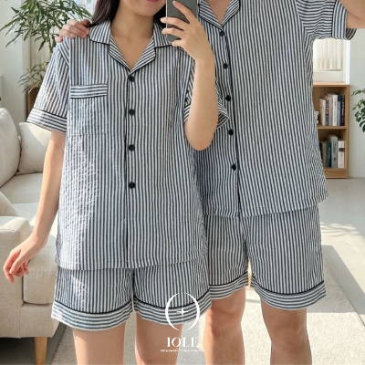 네이비 블랙 스트라이프 커플잠옷 반팔 반바지 세트 남여 파자마 지지미 여름 홈웨어