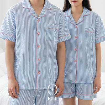 스카이 블룸 스트라이프 여름 커플잠옷 반팔 반바지 상하세트 지지미 파자마 데일리 홈웨어