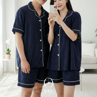 플럼코지 도트 남여 커플잠옷 반팔 반바지 상하세트 여름 지지미 파자마 데일리 홈웨어