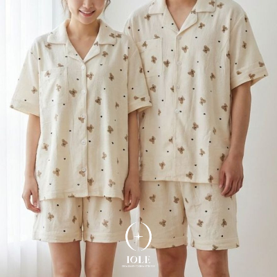 [이올레] 내추럴 곰돌이 커플잠옷 반팔 반바지 상하세트 여름 지지미 파자마