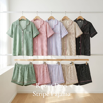 [이올레] 룸데이즈 스트라이프 파스텔 여성잠옷 반팔 반바지 세트 여름 파자마 5컬러