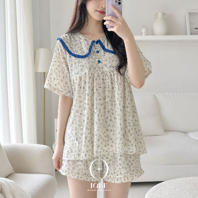 [이올레] 달빛블루밍 플라워 블루카라 반팔 잠옷 세트 원사이즈
