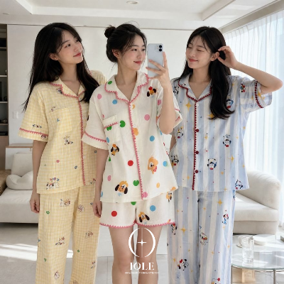 [이올레] 해피 버디즈 캐릭터 여성잠옷 반팔 반바지 긴바지 3피스 파자마