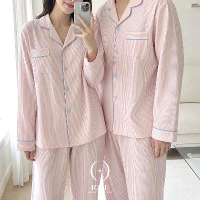 [이올레] 핑크 블룸 스트라이프 커플 잠옷 상하세트 긴팔 파자마