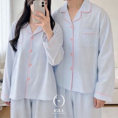 [이올레] 스카이 블룸 스트라이프 커플 잠옷 상하세트 긴팔 파자마