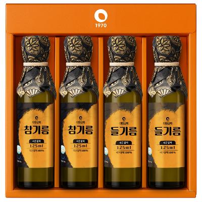 ⭐타임특가⭐55년전통 대현상회 저온압착 국산참기름들기름 125ml 4병 선물세트 / HACCP 백년가게 방앗간